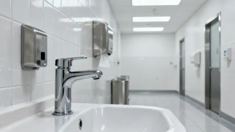 Healthcare facility restroom with Delta commercial faucet