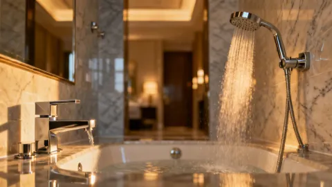 Hotel bathroom with Delta shower and faucet