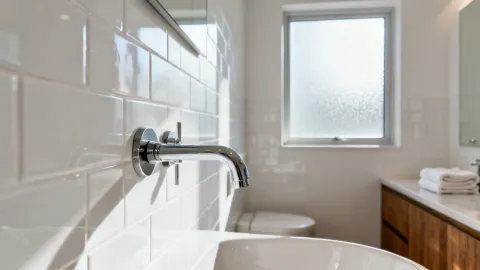 Residential single-family home bathroom with Delta faucet