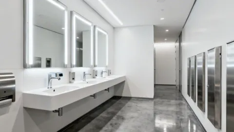 Commercial office building restroom with Delta commercial faucets